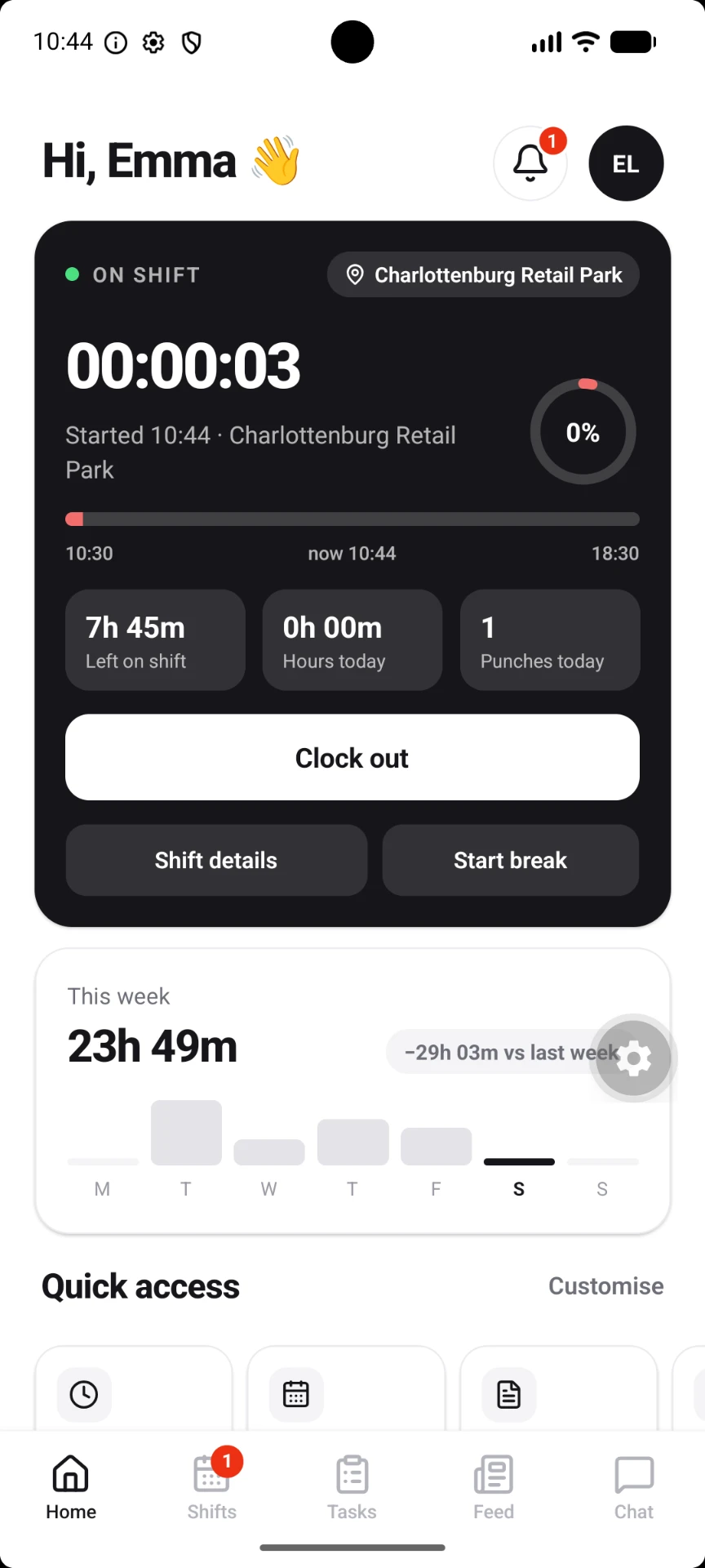 CERQA Crew app home screen with geofenced on-shift clock, timer and room cleaning list