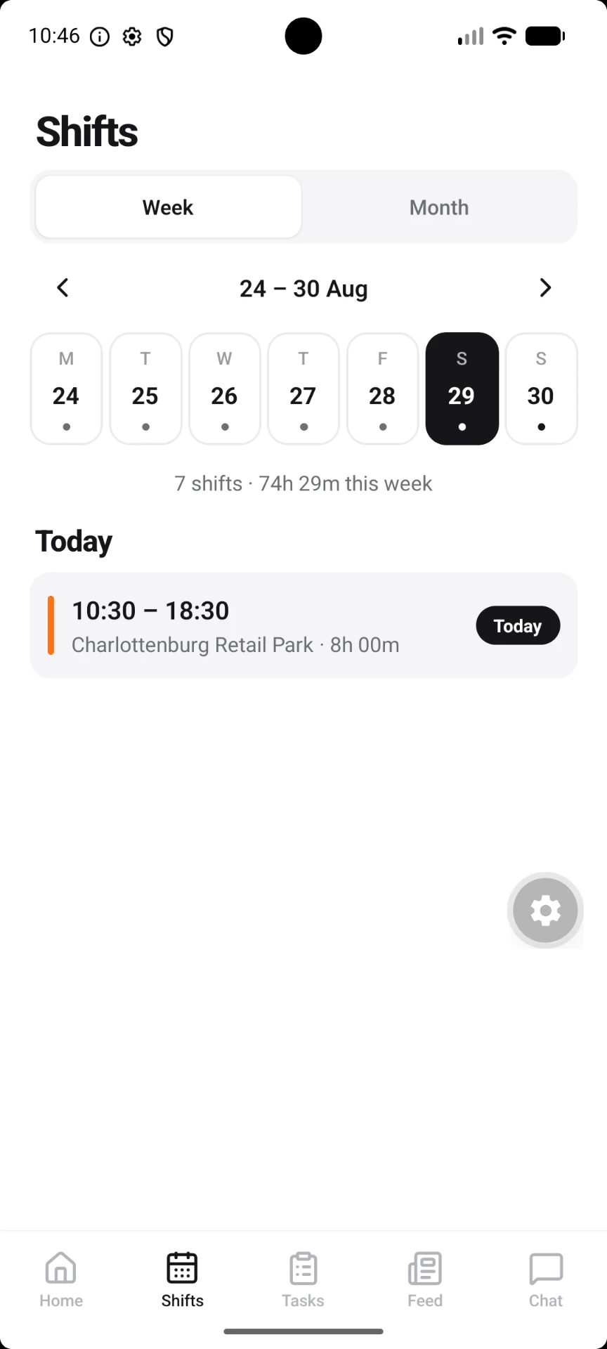 CERQA Crew shifts screen with week and month toggle and today's shift card