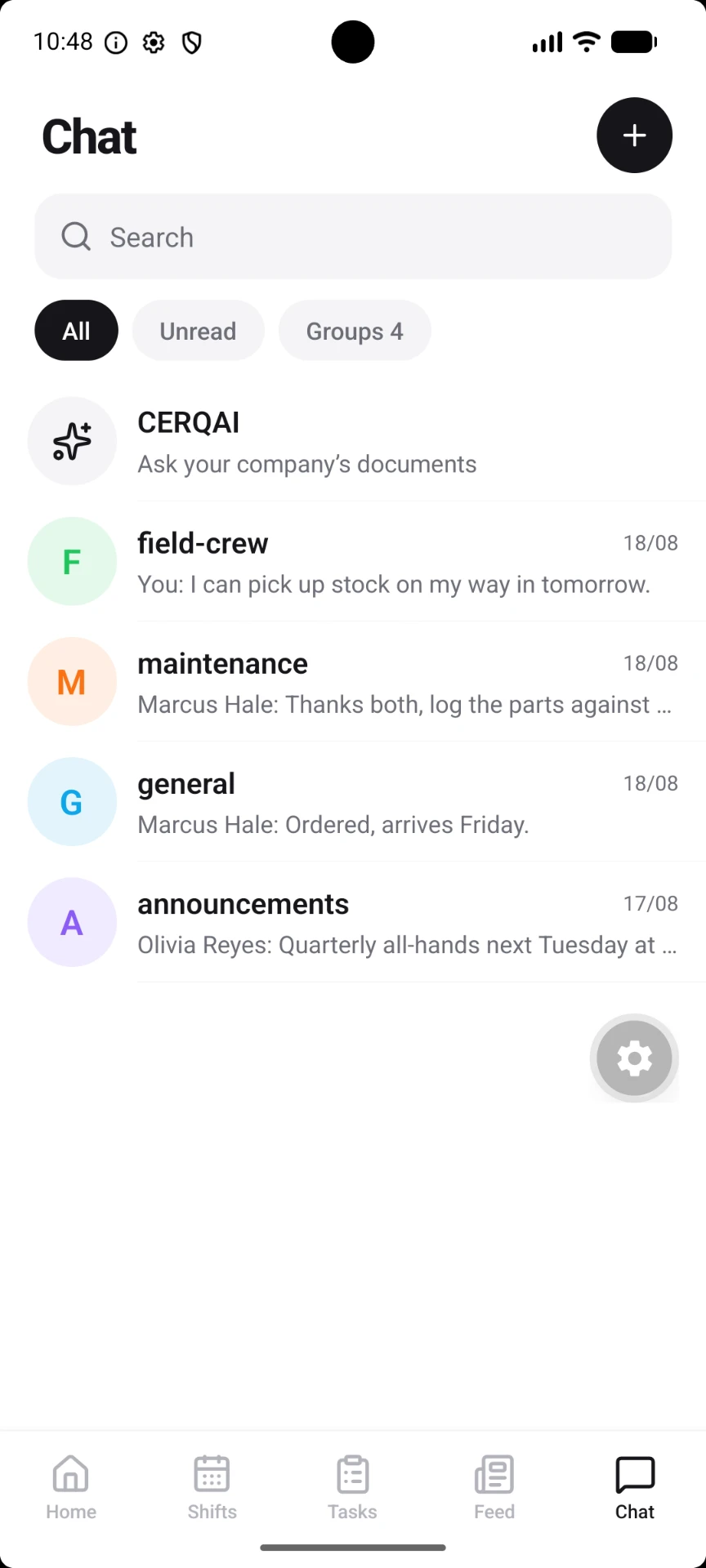 CERQA Crew team chat with channels, groups and direct messages